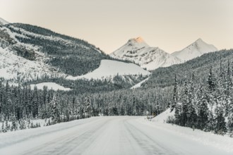 Winter road trip on the Icefields Parkway with lots of snow and ice, Banff National Park, Jasper