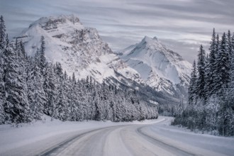 Winter road trip on the Icefields Parkway with lots of snow and ice, Banff National Park, Jasper