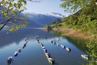 Motorboats moored at the reservoir, snow-covered Alps in the background, Lake Wägital, Canton
