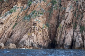 Rock formations and deep blue water, Capo Rosso, Gulf of Porto, Corsica, Corsica, France