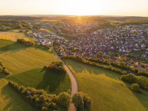Panorama of a village and surrounding fields at sunset with a peaceful atmosphere, Gechingen, Black