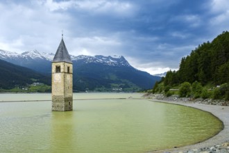 Bell tower of the former parish church of St Catherine in the sunken village of Alt-Graun in Lake