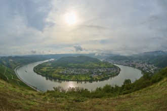Impressive river landscape with valley, hills and cloudy sky in sunshine, summer, Rhine bend