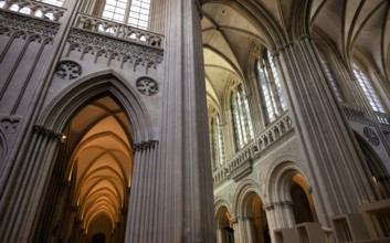 Interior view, arcades, ribbed vault, Cathédrale Notre-Dame de Bayeux, Bayeux, Calvados, France