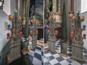 On contour-cut and painted boards with religious motifs in front of the altar during Lent,