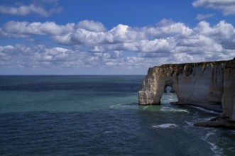 Rock arch Falaise or Porte La Manneporte, behind it Falaise or Porte d'Aval, Étretat, sea, cliffs,