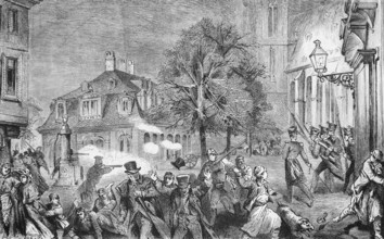 Storming of the Konstabler Wache in Frankfurt am Main, soldiers shooting with rifles, horror among