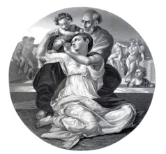 The Holy Family, A family sits closely embraced, mother and father with baby, background with