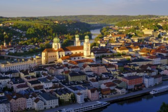 View of the historic city centre at sunrise, from the Veste Oberhaus, Passau, Lower Bavaria,