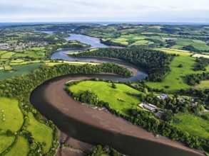 Farms and Fields over River Dart from a drone, Stoke Gabriel, Totnes, Devon, England, United