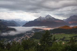 Marxenhöhe near Berchtesgaden with Watzmann view in the morning mist after the rain