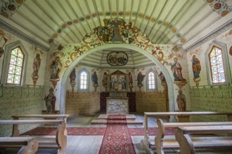 Catholic St Anne's Chapel, interior, Mannerist paintings, oldest wooden chapel in the Alps,