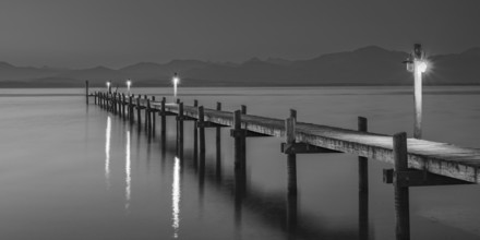 Sunrise, footbridge at Malerwinkel, Chiemsee, Chiemgau, Bavaria, Germany