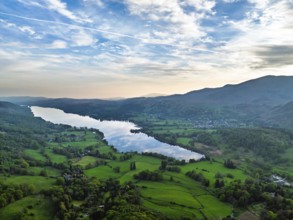 Farms over Coniston Water from drone, Lake District National Park, Cumbria, UK