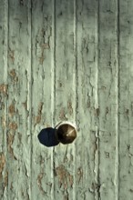 The image captures a close-up of a rustic doorknob on an old, weathered wooden door. The green