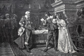 An arrest, the accused reads the warrant, from the time of Richelieu of Boppo 1585, France,
