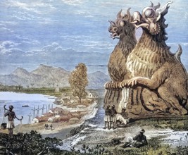 Dragon figures at the Irrawaddy, Myanmar, Burma, coloured wood engraving, Reproduction from a model