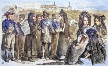 Thuringian folk costumes, Thuringia, Germany, coloured wood engraving, reproduction from a model