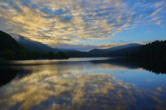 Lake with impressive cloud formations reflected in the water, summer, Rursee, Obersee, Rurberg,