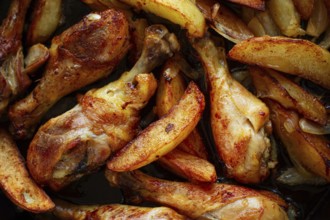 Fried chicken drumsticks with potato slices, in a clay pan, baked in the oven, with spices,