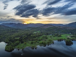 Sunset over Windermere Lake from a drone, Ambleside, Lake District, Cumbria, England, United