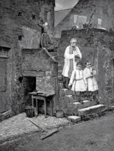 The last sacraments, Priest with altar boys leaving a house in which someone has died and he has