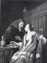 Man Serving a Tray of Oysters to a Woman, 1680, France, Historical, digitally restored reproduction