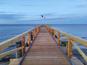 New South Beach Bridge in the early morning with full moon, South Beach, Wyk auf Föhr, North