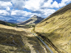 Montaims over West Highland Way A82 from a drone, Clifton, Crianlarich, Highland, Scotland, UK