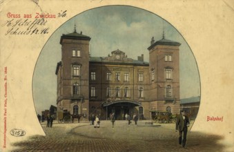 Historical postcard, picture postcard, railway station in Zwickau, Saxony, Germany, digitally