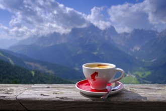 Cappuccino with a mountain view, at the Hahnspielhütte, on the Helm, Sesto, Dolomites, Val