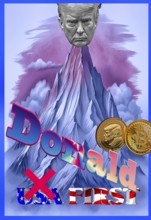 Symbolic image, Trump as a mountain top, towers over the USA, Bitcoin king, kleptocracy, price
