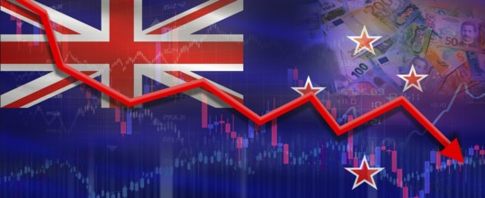New Zealand financial crisis on economic graph. Financial fall of New Zealand on economy market