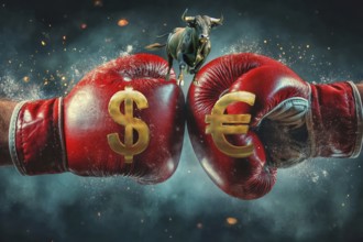 Symbolic image, boxing gloves with dollar and euro sign for supremacy, bull stands for stock market