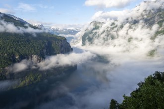 View over the Geirangerfjord, atmospheric clouds over the fjord in the morning light, Ørnesvingen