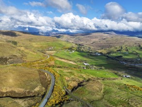 Farms and Moors over Loch Harport from a drone, Drynoch, Isle of Skye, Highlands, Scotland, United