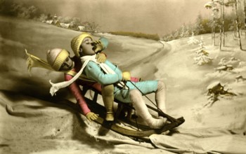 Two children sledding, 1930s, Two children in colourful winter clothing sledding in a snowy