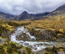 Panorama of Fairy Pools and Waterfalls, Glen Brittle, Black Cuillin, Isle of Skye, Scotland, UK