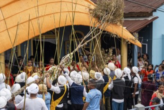 People from the Pnar community perform rituals as they using a tree to celebrate an event organised