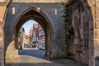 Alley with cobblestones leads through the town gate Oberes Tor, view through the gate to the
