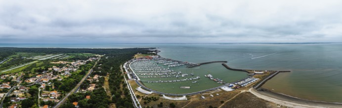 Panorama of Marina in Le Verdon-sur-Mer from a drone, Nouvelle-Aquitaine, Gironde, France, EuropeLe