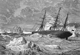 An ocean liner between icebergs, the Strait of Belle Island (or Strait of Labrador) separating