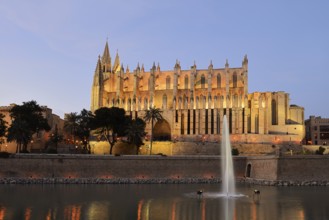 La Seu Cathedral or Cathedral of St Mary at dusk, Palma de Majorca, Majorca, Balearic Islands,