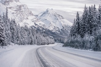 Winter road trip on the Icefields Parkway with lots of snow and ice, Banff National Park, Jasper