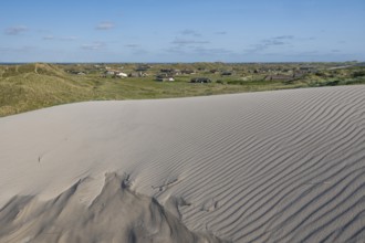 Dunes, wave pattern in the sand, holiday settlement, blue sky, Hvide Sande, North Sea, Denmark