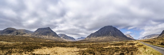 Panorama of Mountains and Moors over Glen Etive Valley, Glencoe, Highlands, Scotland and Buachaille