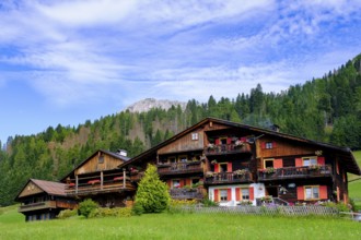 Old farmhouses in the hamlet of Kratten, Sappada, Plodn, Carnic Alps, Julian Friuli, Italy