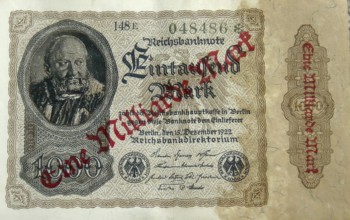 Banknote, Banknote, Inflation, 1000 Mark note overprinted with 1 Million Mark, 1923, Germany,