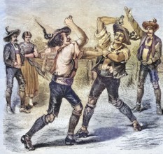 Fist fight with brass knuckles in Tyrol, Austria, coloured wood engraving, reproduction from a