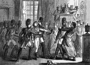 Napoleon Bonaparte leads a group of grenadiers who expelled the Council of Five Hundred (the lower